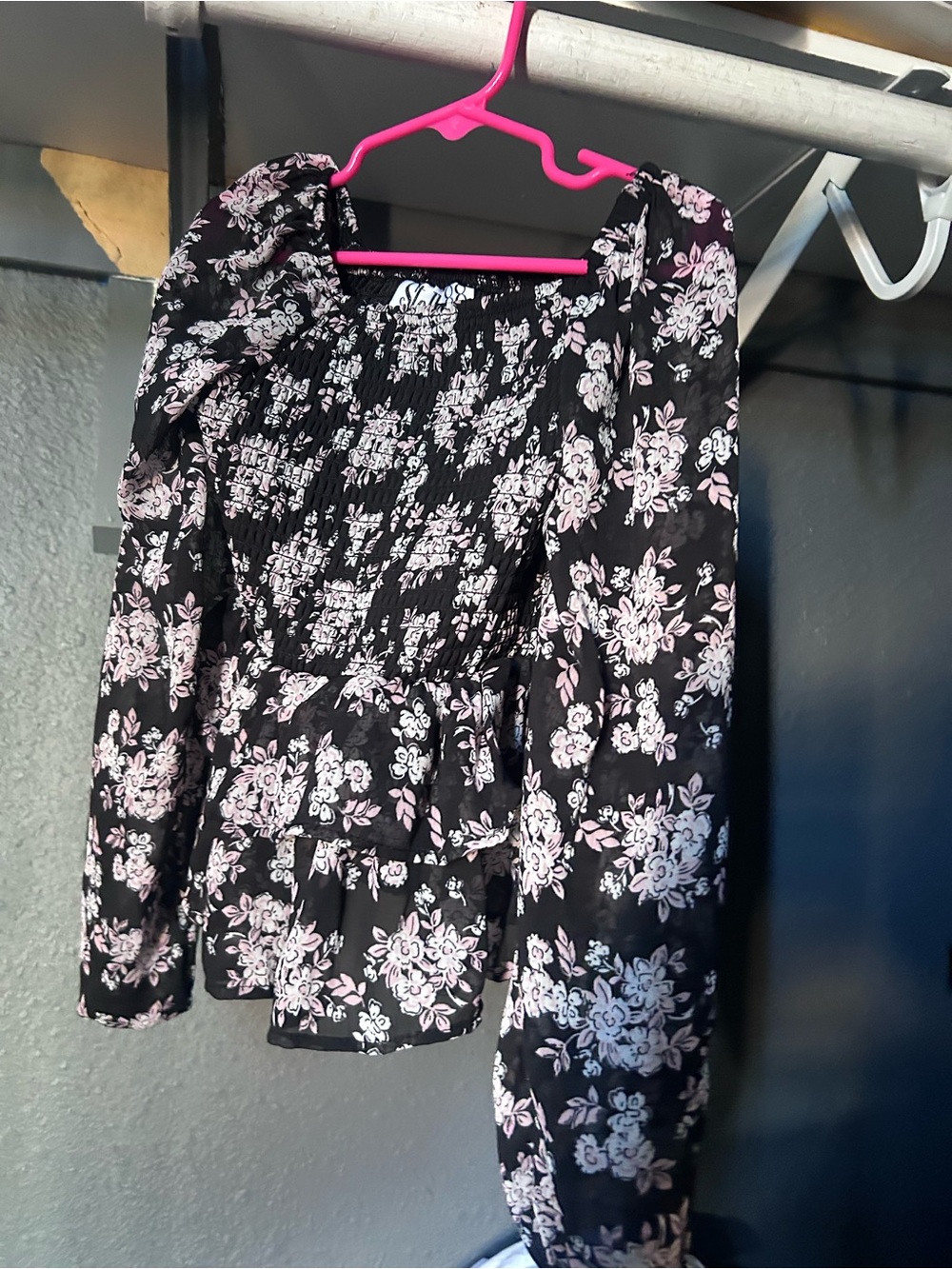 Stellah Black Top with Pink Floral Smocking